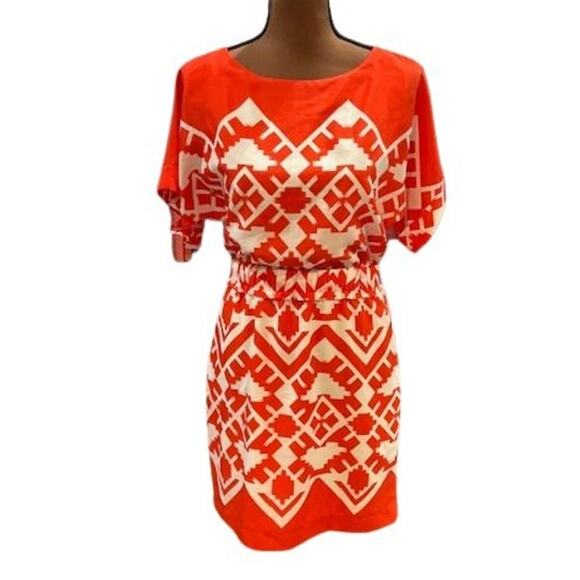 Eliza J Dresses & Skirts - Eliza J Retro Aztec Geometric Print Blouson Midi Dress in Orange & White – 2P